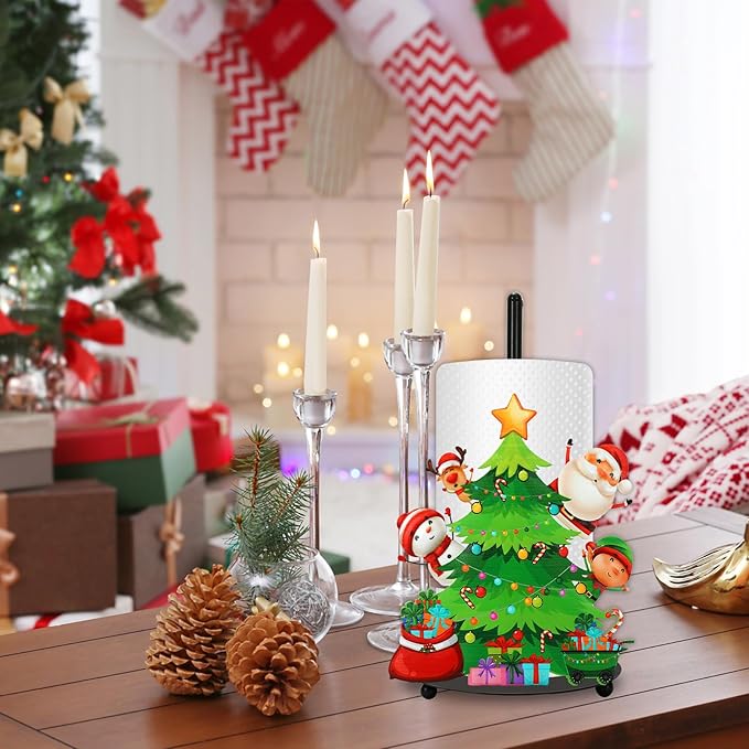JarThenaAMCS Christmas Paper Towel Holder Xmas Tree Snowman Santa Claus Reindeer Kitchen Decor Accessories Large Metal Towel Holder Stand for Home Bathroom Countertop