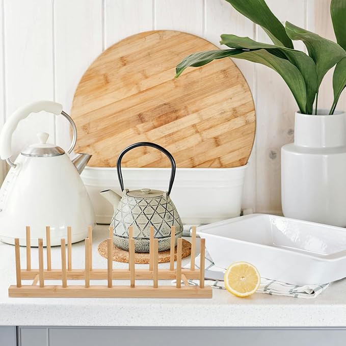 Dish Drying Rack Small 8-Slot Plate Rack Organizer Wood Vertical Drain Holder for Kitchen Cabinet Bowl Pot Lid Storage
