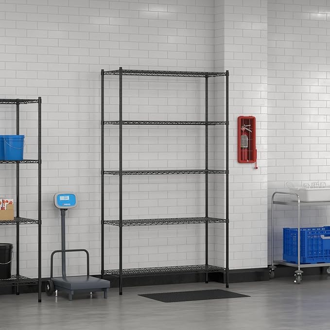 Commercial NSF Listed Black Epoxy Stationary Wire Shelving Kit 18" x 48" x 86", with 5 Shelves Perfect for Warehouse, Walk-in Refrigerator, Freezer, Grocery Store, Restaurant, Dishroom