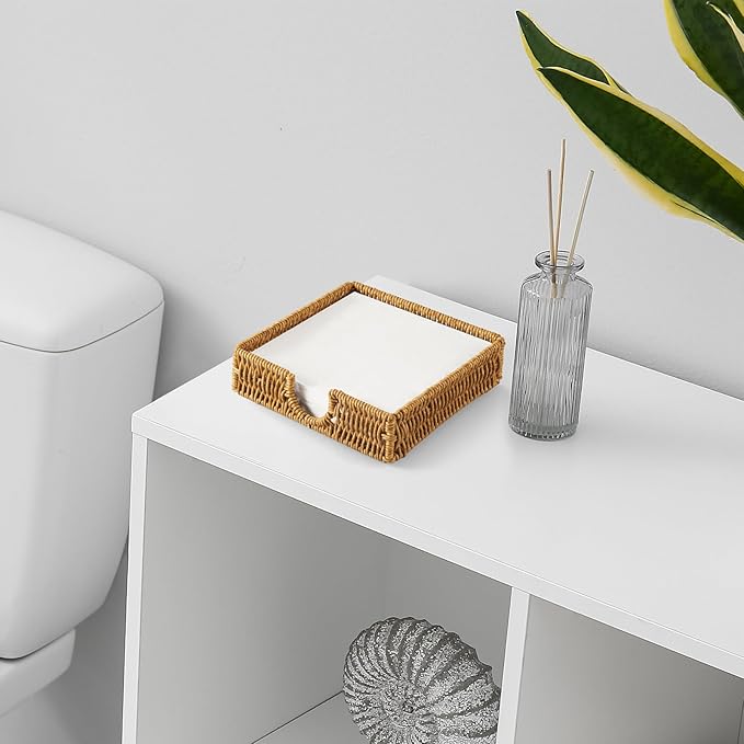 Napkin Holder for Table, Woven Wicker Synthetic Rattan Napkin Holders For Paper Napkins, Napkin Holders for Kitchen Dinner Table Boho Decor and Accessories, Square Napkin Basket and Serving Tray