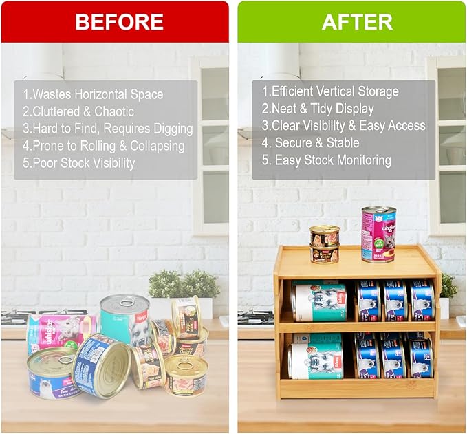 Bamboo Can Organizer for Pantry, 2 Tier Bamboo Pantry Organizer for Kitchen Counter, Cat Food Storage Holds Up to 36 Cans, Can Rack Organizer for Human and Pet Food Cans, FIFO Design