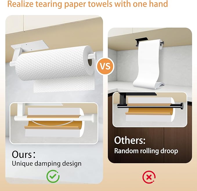 Paper Towel Holder Under Cabinet, Single Hand Operable Tearing Off Paper Towels with Damping Effect, Both Available in Adhesive and Screws, Stainless Steel (White)
