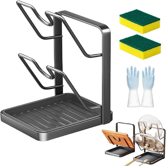 Kitchen Pot Lid Storage Rack, Pot Lid Holder with Drip Tray, Multifunctional Kitchen Organizer Stand with Removable Drip Tray, for Counter Stove Top Accessories (Gray,Double-layer)