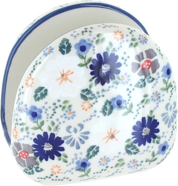 Blue Rose Polish Pottery - Gray Carnival Napkin Holder - 5" x 5" - Ceramic Napkin Holders, Decorative Dining Table Accessories