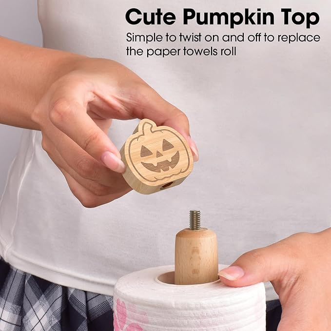 KitchLife Cute Wooden Paper Towel Holder Countertop - Solid Freestanding Paper Towel Dispenser Stand Organizer with Anti-Skid Base (Pumpkin)