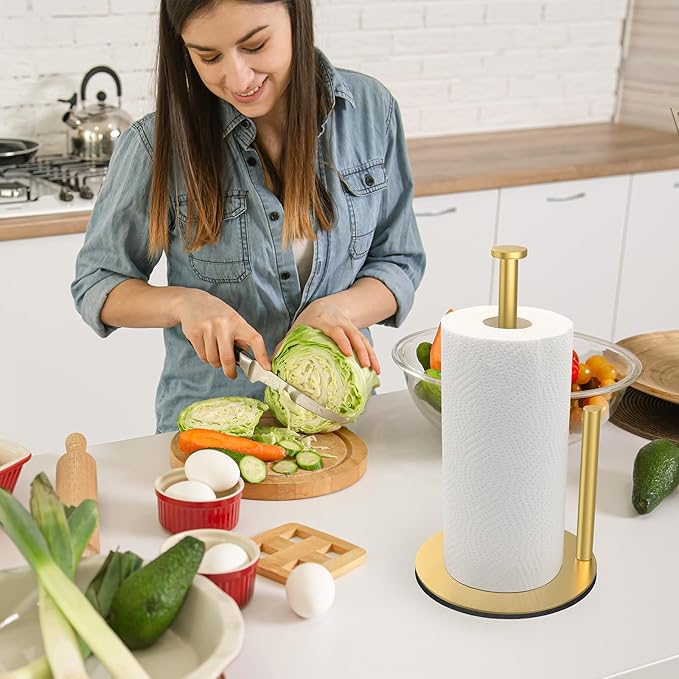 Paper Towel Holder, Gold Kitchen Roll Holder, Premium Stainless Steel Paper Towel Holder for Kitchen Rolls Organizer, Standing Paper Roll Dispenser
