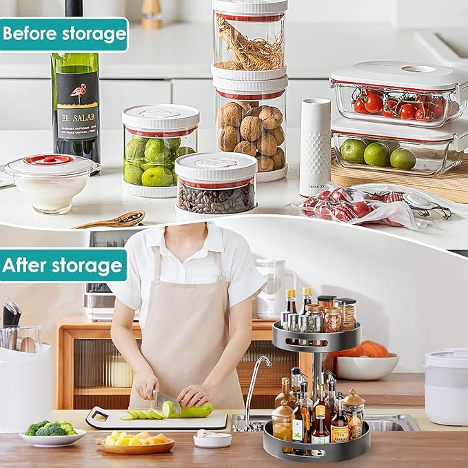 2 Tier Lazy Susan Organizer, Metal Kitchen Lazy Susan Turntable for Cabinet, Rotating Spice Rack Pantry Lazy Susans Turntable Organizer