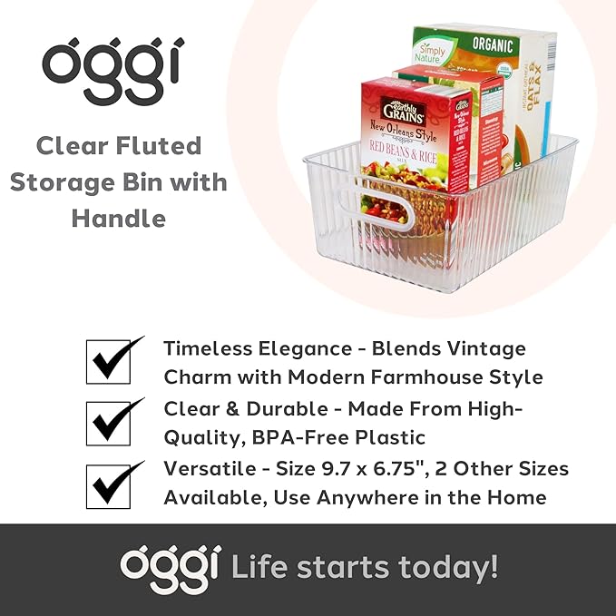 Oggi Clear Fluted Storage Bin with Handle - Durable Plastic Organizer for Fridge, Pantry, Cabinets & Countertop, Modern Farmhouse Style, Ideal for Kitchen Organization and Storage, 9.7" x 6.75"