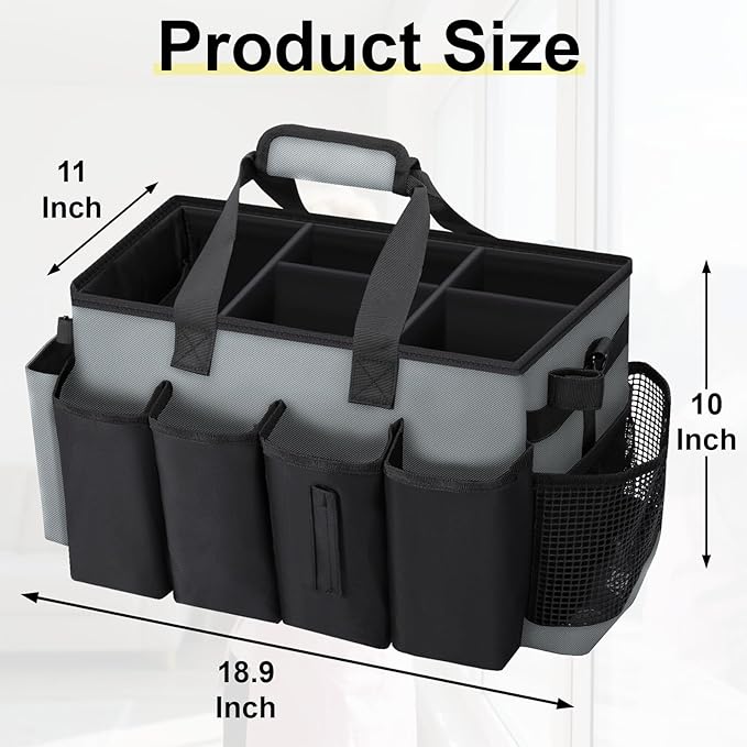 Wigojoy Wearable Large Cleaning Caddy Bag for Housekeeper, Clean Supply Organizer with Adjustable Shoulder, Waist & Handle Straps, Detailing Bag for Kitchen Supplies (Black&Gray)
