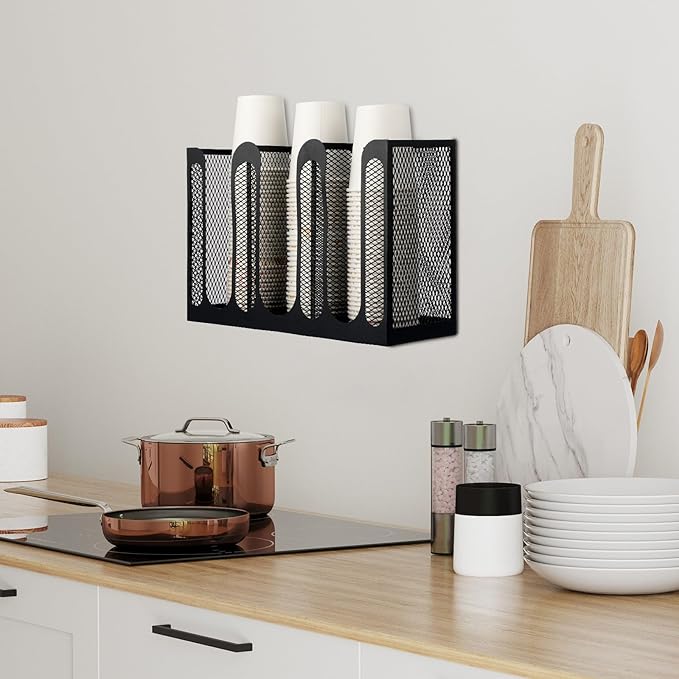 Maxcheck Metal Mesh Cup and Lid Holder Coffee Paper Cup Dispenser Lid Holder Storage Organizer Countertop or Wall Mount for Coffee Bar, Kitchen, Breakroom(3 Compartments)