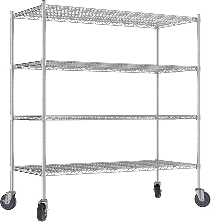 Commercial NSF Listed Chrome Mobile Wire Shelving Kit 24" x 54" x 60", with 4 Shelves Perfect for Warehouse, Walk-in Refrigerator, Freezer, Grocery Store, Restaurant, Dishroom