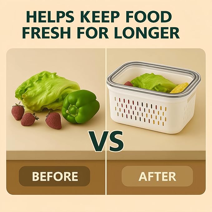 Havnddel 4 Pack Food Storage Containers with Lids – Refrigerator Organizer with Removable Colander & Drain Basket, Airtight Produce Saver for Fruits & Vegetables