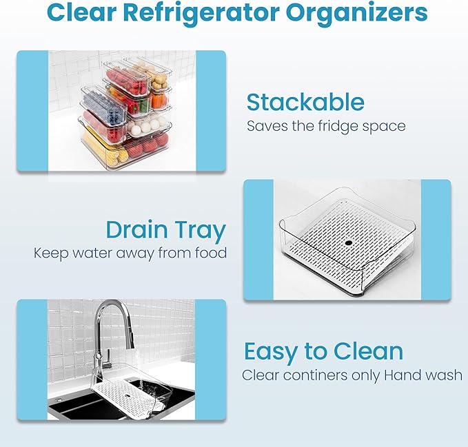 8 Pack Refrigerator Organizers, Clear Pull-out Drawer Container and Organizer Bins with Lids, Stackable Storage Containers for Fruits, Vegetable (Set of 8 (Include Pull-out Drawer))