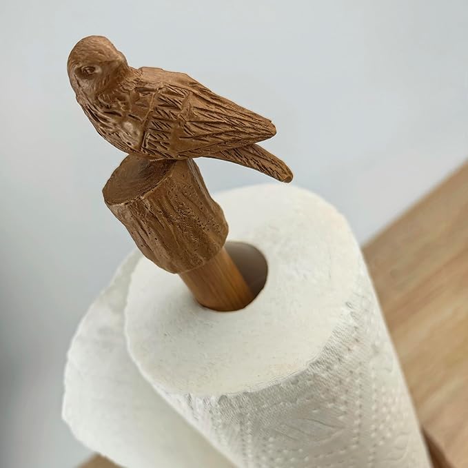 Paper Towel Holder Countertop, Faux Wood Color Paper Towel Stand with Bird Design Top