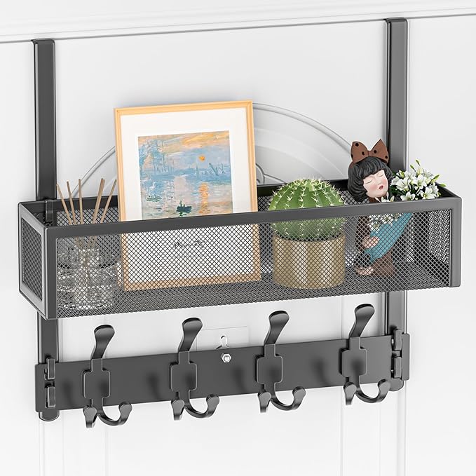 Over The Door Hooks Organizer, Over The Door Coat Rack with 12 Coat Hooks, Door Hanger Towel Rack, Back of Door Storage for Bedroom, Kitchen, Bathroom(Black)