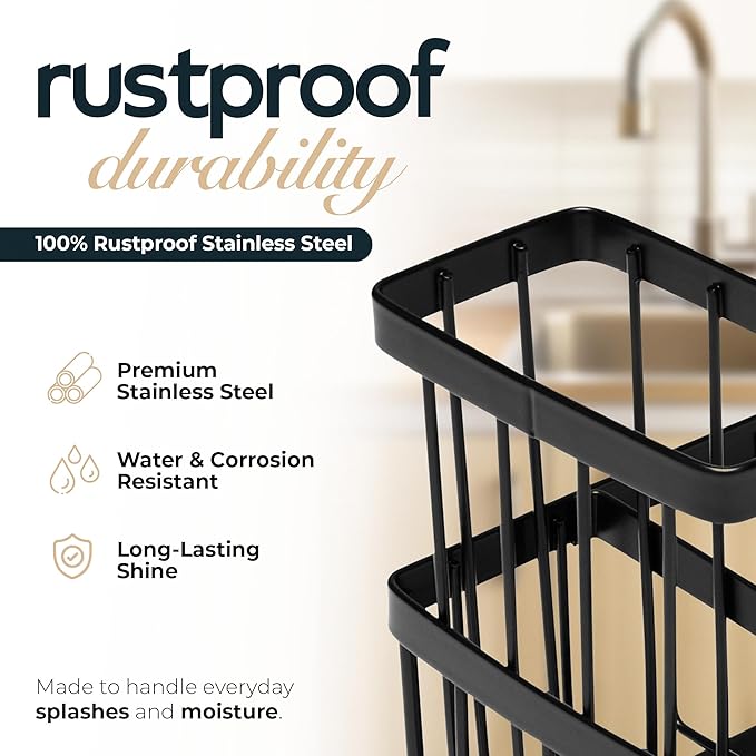 Modern Kitchen Sink Caddy Organizer with Soap & Sponge Holder – Rustproof Stainless Steel Brush Stand for Sink Counter – Stylish Kitchen Decor & Accessories.