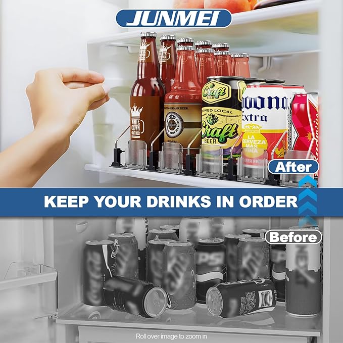 Drink Organizer for Fridge,12oz 16oz 20oz - Soda Can Dispenser for Refrigerator,Width Adjustable,Automatic Pusher Glide,15"D,White,4 ROW,Holds 20 Cans
