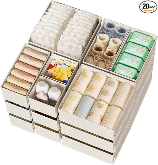 Cotton Linen Drawer Organizers for Baby Clothes, 20Pack Multi-Size Nursery Dresser Dividers for Clothes, Premium Foldable Storage Bins for Bedroom, Closet and Diaper Table, Beige