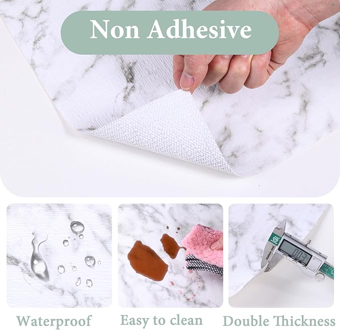 Drawer and Shelf Liner for Kitchen Cabinet: 17.3 in X 39.37Ft Non Slip Waterproof Shelf Paper Non Adhesive Refrigerator Liners White Marble Easy Liners for Bathroom with Knife Tape Measure