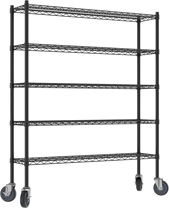 Commercial NSF Listed Black Epoxy Mobile Wire Shelving Kit 12" x 48" x 60", with 5 Shelves Perfect for Warehouse, Walk-in Refrigerator, Freezer, Grocery Store, Restaurant, Dishroom