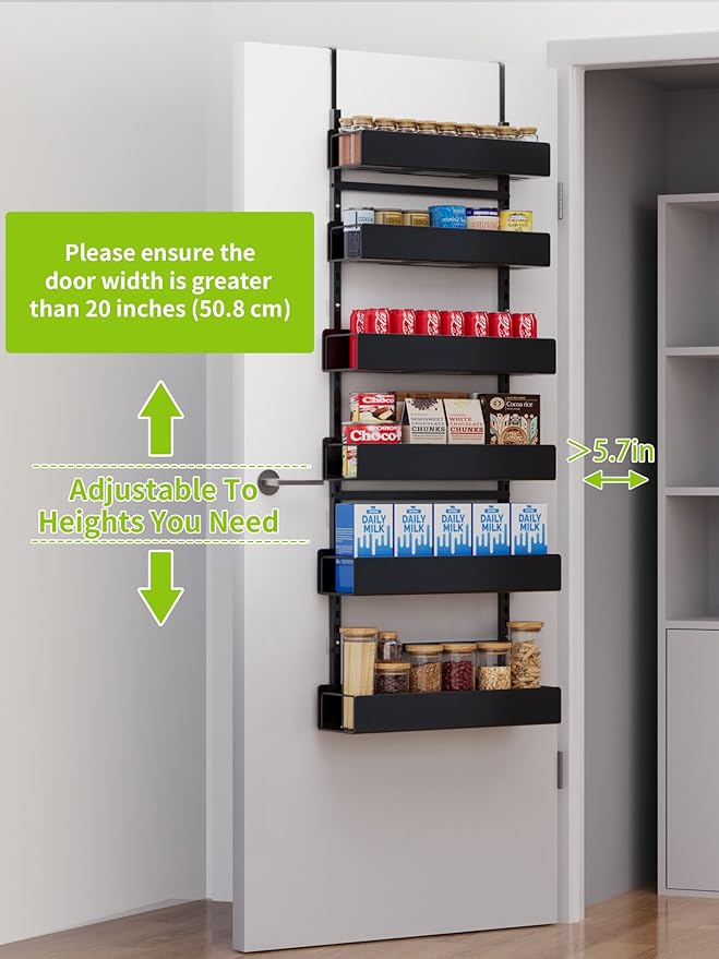 Over the Door Pantry Organizer, 6-Tier Pantry Organizers and Storage, Metal Hanging Spice Rack for Home & Kitchen, Laundry Room Bathroom Organization, Black