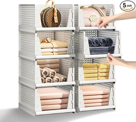 5 Packs Stackable Plastic Storage Basket for Closet Foldable Closet Organizers and Storage Bins for Shelves Storage Drawer Container for Clothes, Wardrobe, Pantry, 5L