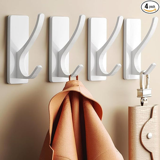 Josmimic Self Adhesive Towel Hooks: Extra Strong 13LB, Stainless Hook for Hanging Loofah, Towels, Coat, Bath Robe Bathroom Shower, White, 4 Pack