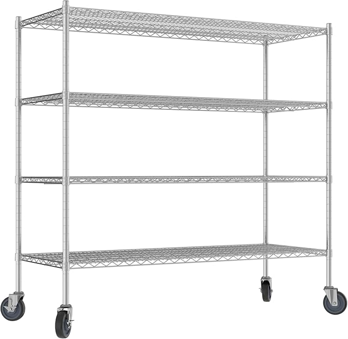 Commercial NSF Listed Chrome Mobile Wire Shelving Kit 24" x 60" x 60", with 4 Shelves Perfect for Warehouse, Walk-in Refrigerator, Freezer, Grocery Store, Restaurant, Dishroom