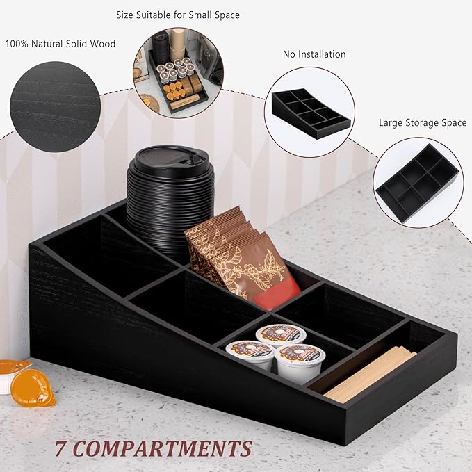 Coffee Station Organizer for Countertop, Condiment Storage Caddy, Coffee Bar Supplies Organizer for Home, Office and Breakroom - Wooden, Black, 7 Compartment