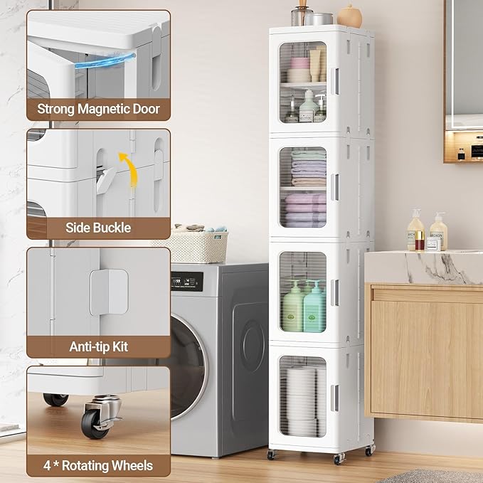 BROVIEW 3-Tier Tall Narrow Storage Cabinet Organizer, Slim Bathroom Cabinets with Adjustable Shelves and Doors, Plastic Kitchen Pantry Organizers and Storages for Small Space, Laundry, White