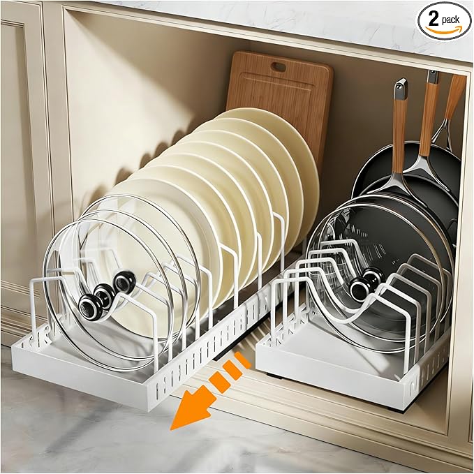 2Pack Expandable Under Cabinet Organizer Rack with 20 Adjustable Dividers for Pots, Pans, Lids & Bakeware, Kitchen Storage Holder for Cabinet Door, Fits Cutting Boards, White