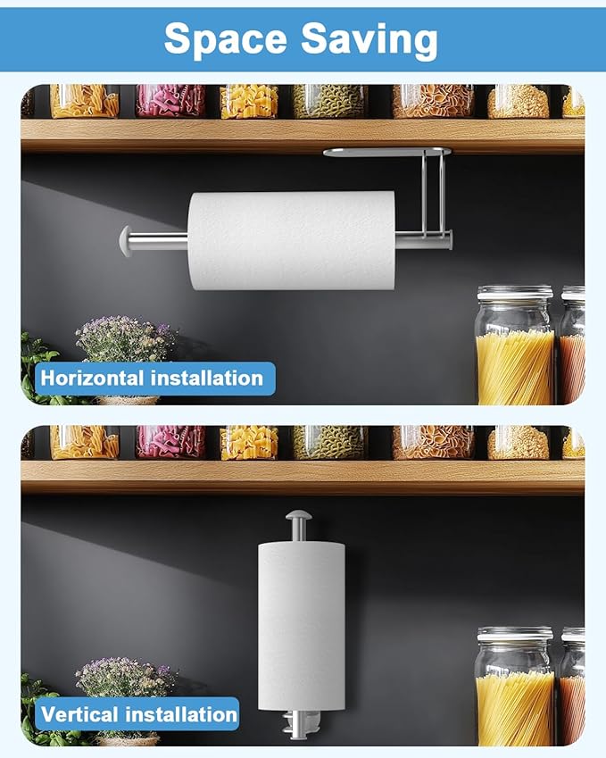 Paper Towel Holder - Kerisgo Paper Towel Holders Under Cabinet for Kitchen,Strong Adhesive Paper Towel Roll Rack for Bathroom,Wall Mounted Toilet Paper Holder for Bathroom,RVs,Sink,Glass(Silver)