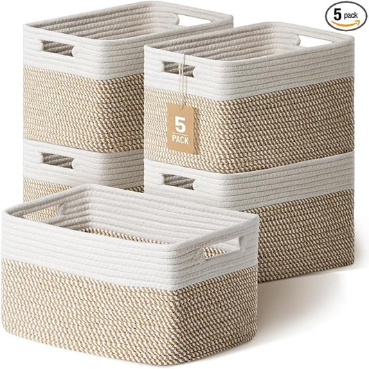 5 Pack Woven Storage Baskets for Shelves, Decorative Basket Organizer Storage Bins for Toys, Books, Clothes, Closet, Nursery, Bathroom – Cotton Rope Shelf Baskets for Organizing, Khaki & White