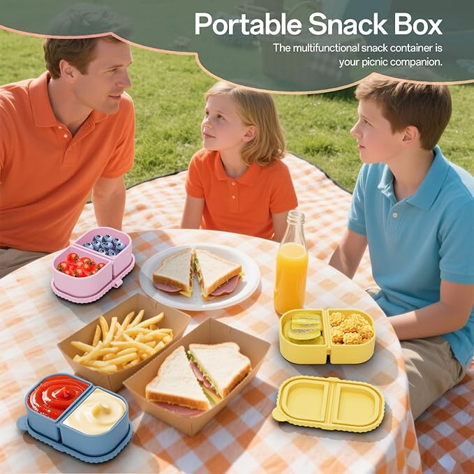 3 Pack Silicone Snack Containers with Lids, Reusable Double Compartment 8oz Leakproof Snack Box for Sauce, Dip, Salad, School, Office, Picnic