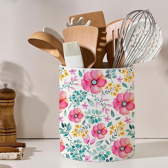 Kitchen Utensil Holder,7.2-inch Extra Large Sturdy Ceramic Garden Floral Pattern Utensil Crock,Cooking Utensil Organizer for Kitchen Counter Decor,Storage Caddy Farmhouse Gift Purple Flowers