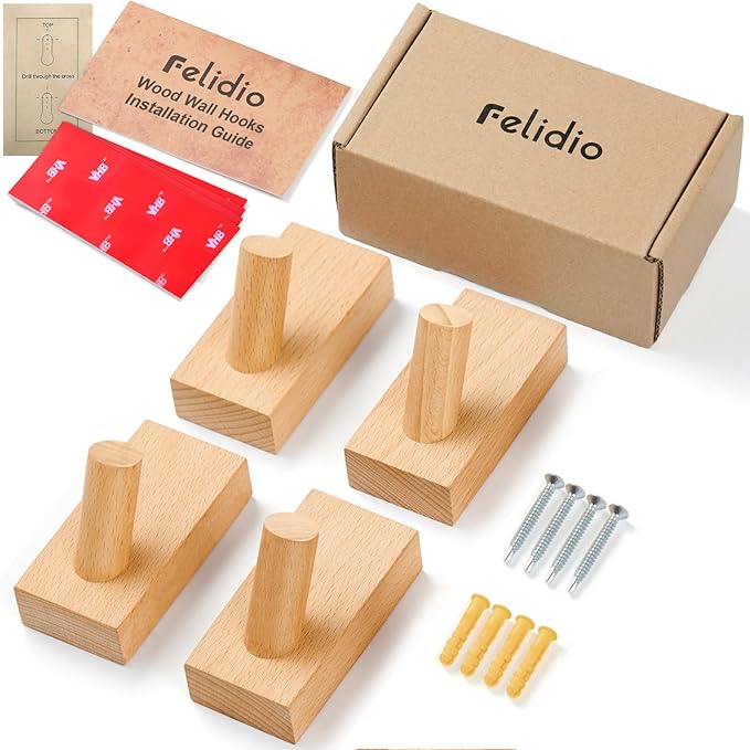 Felidio Natural Wooden Wall Hooks, Adhesive & Screw Mount Coat and Towel Hooks - Decorative Key Holder, Hat Rack, Stocking Wall Hangers for Bathroom Entryway Closet - 4 Pack, Beech Wood