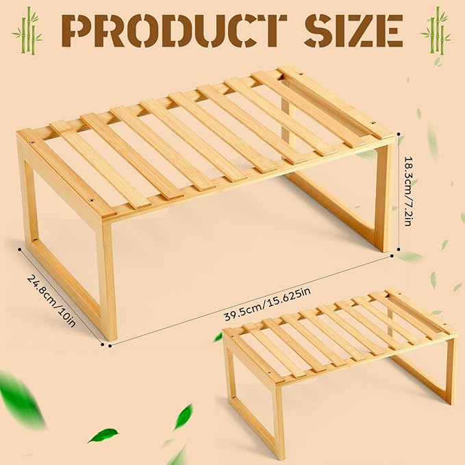 2 Pcs Kitchen Cabinet Organizer Bamboo Bookshelf Bamboo Kitchen Shelves, Cabinet Shelf Organizer, Storage Shelves for Pantry Bathroom Dining Room Study Laundry