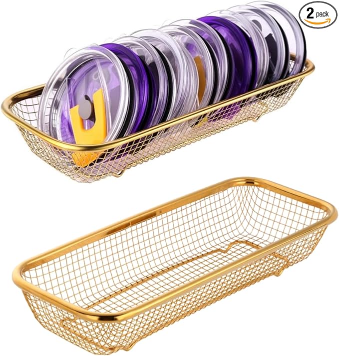 2Pack Stainless Steel Tumbler Cup Lid Organizer Inside Cabinet, Mason Jar Lid Holder, Rectangular Basket for Storage of Silverware, Chopsticks, straws and Utensils, Gold