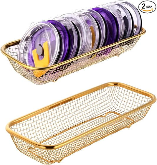 2Pack Stainless Steel Tumbler Cup Lid Organizer Inside Cabinet, Mason Jar Lid Holder, Rectangular Basket for Storage of Silverware, Chopsticks, straws and Utensils, Gold