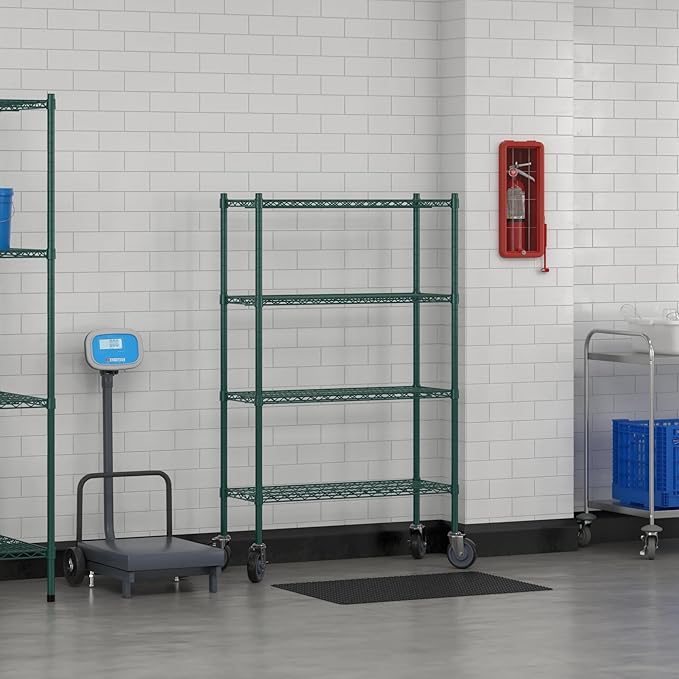 Commercial NSF Listed Green Epoxy Mobile Wire Shelving Kit 14" x 36" x 60", with 4 Shelves Perfect for Warehouse, Walk-in Refrigerator, Freezer, Grocery Store, Restaurant, Dishroom