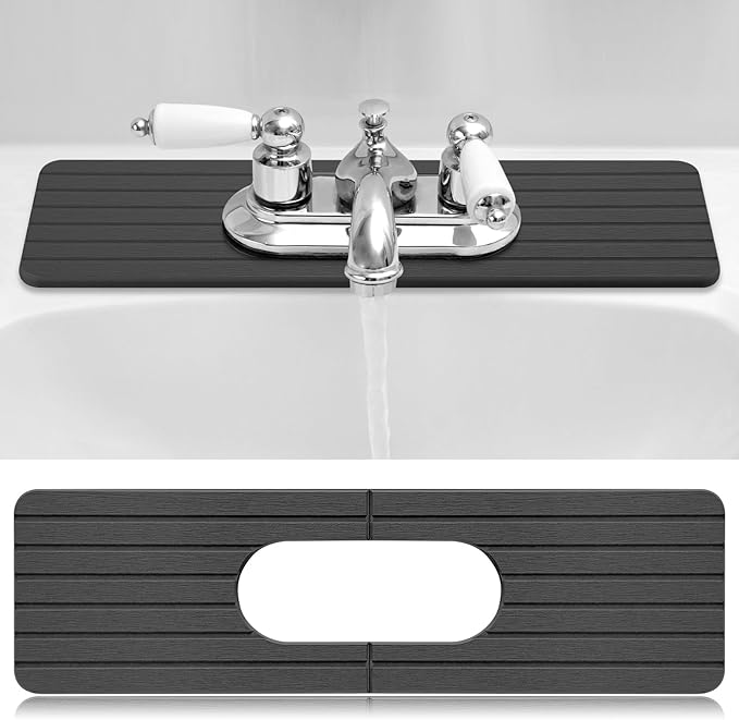 Teenyyou an Oval Hole Gray Faucet Mat for Kitchen Sink 17.32" x 4.6" Kitchen Faucet Absorbent Mat Diatomite Splash Guard for Sink Quick Drying Stone Drip Catcher for Bathroom Counter