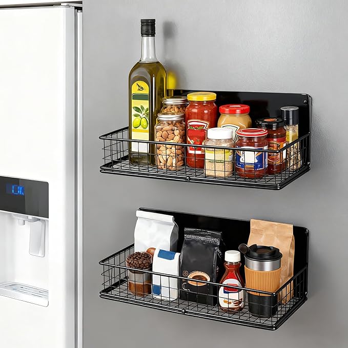 ONESIXEC 2 Pack Magnetic Basket for Fridge, Magnetic Spice Rack for Side of Refrigerator, Small Magnet Wire Bin Basket Fridge Shelf Organizer Kitchen Classroom Whiteboard Pantry Office Storage, Black