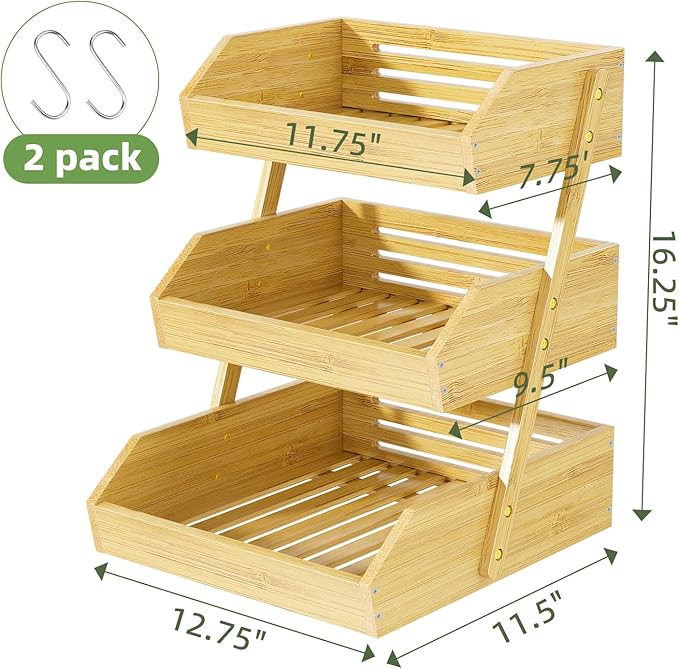 Simple Trending 3-Tier Natural Bamboo Fruit & Vegetable Basket Organizer, Ventilated Countertop Kitchen Storage with 2 Removable Banana Hooks, Sturdy for Fruits, Veggies, Snacks, Bread, Easy Assemble
