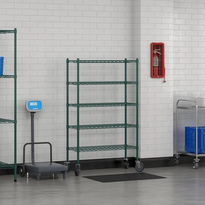 Commercial NSF Listed Green Epoxy Mobile Wire Shelving Kit 14" x 36" x 60", with 5 Shelves Perfect for Warehouse, Walk-in Refrigerator, Freezer, Grocery Store, Restaurant, Dishroom