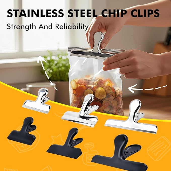 Chip Bag Clips, 12Pcs Sliver Stainless Steel Chip Clips for Food Packages, Metal Kitchen Clip for Snack Bags, Food Storage and Office Home Kitchen