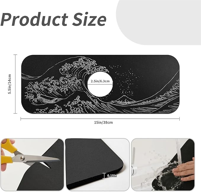 Kitchen Sink Splash Guard，Black and white line waves Faucet Mat Sink Gadgets-Super Absorbent Fast Drying Mat Drip Catcher for Kitchen, Bathroom,Sink Mat, Dish Drying Mat, Bathroom(15" X 5.5" )
