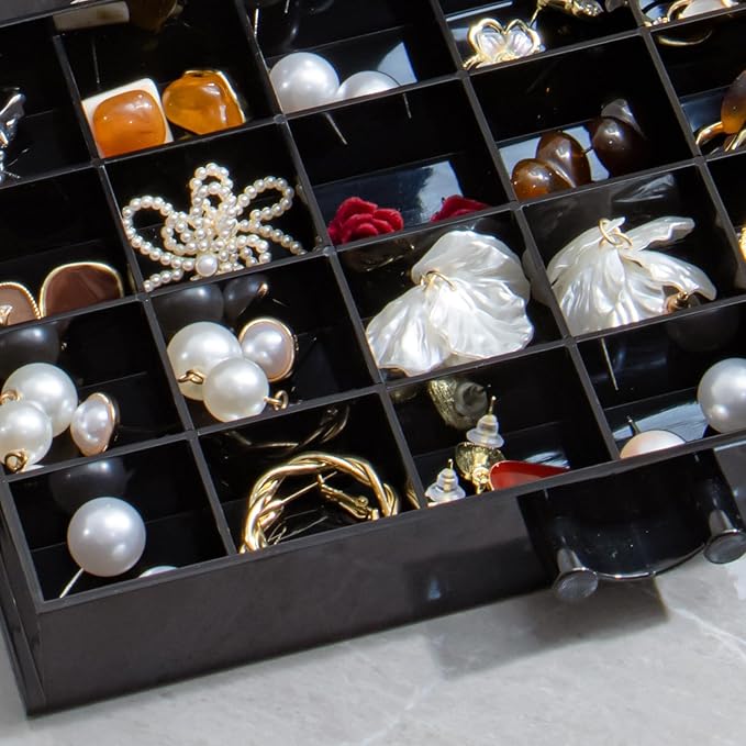 Earring Storage Box Organizer 3 Drawers Acrylic Jewelry Storage Box Holder Transparent Jewelry Display Stand with 72 Small Compartments Gift for Women Girls (Black)