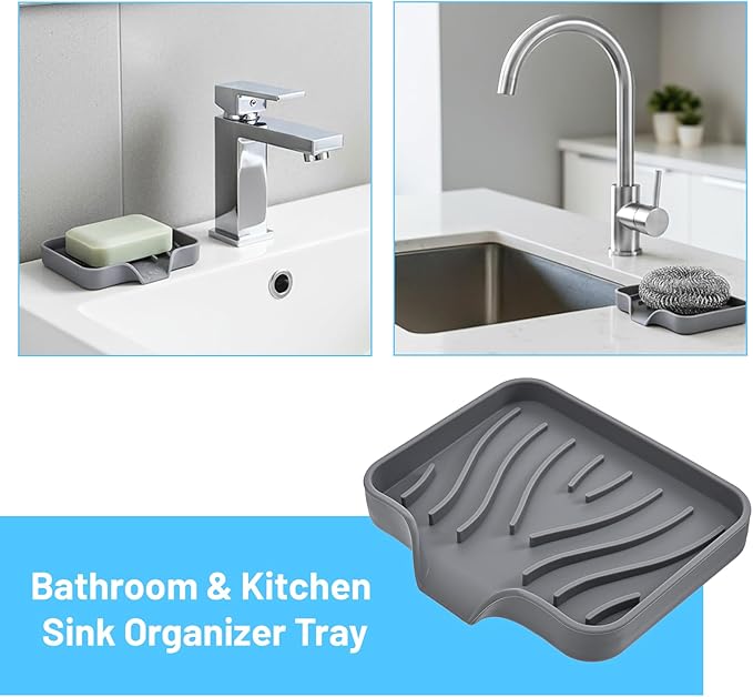 Grevosea Kitchen Sink Sponge Holder, Silicone Dish Sponge Holder with Drain Spout Soap Dish Tray for Shower Bathroom Scrubbers Kitchen Sink Organizer Accessories (Grey, 4.9x3.9 Inch)