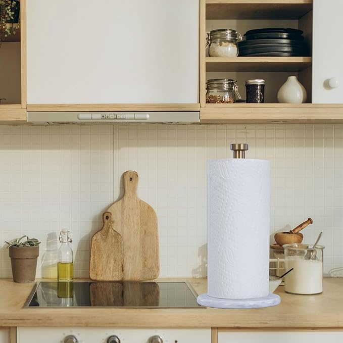 Paper Towel Holder with Marble Base - 13" x 7" Upright Paper Roll Dispenser with Heavy Non-Slip Base for Easy One-Handed Tear - for Countertops, Cabinets, and Bathrooms