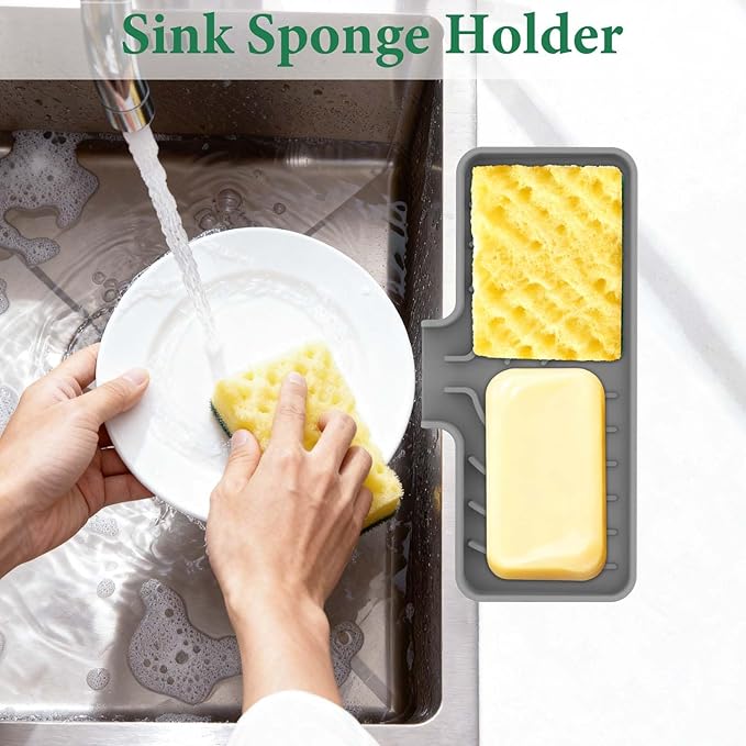 GUUKIN Sponge Holder for Kitchen Sink, 9.8"×4.9" Silicone Sponge Holder, Soap Tray with Drain, Dish Soap Mat for Shower Bathroom, Perfect for Dispenser,Scrubber,Bottle,Cup on Sink or Counter (Grey)
